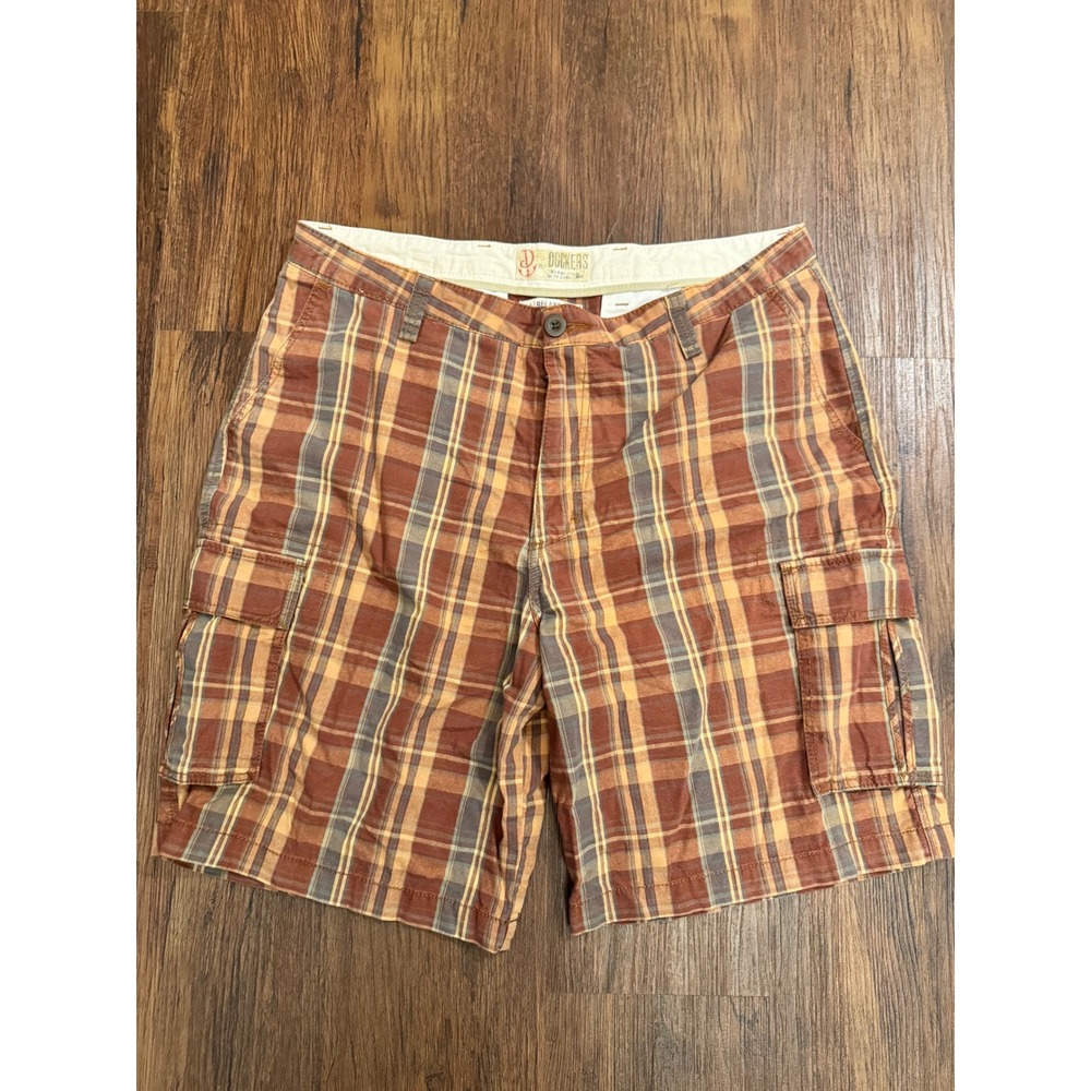 Dockers D4 Relaxed Fit Cargo Shorts Mens 38 Orange Plaid Cotton Flat Front Y2K